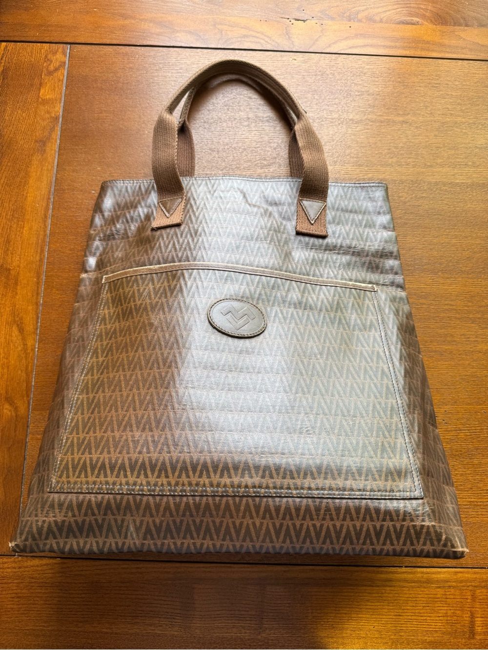 Mario Valentino Vintage Lg Brown Coated Canvas/Leather Tote Bag W/ COA